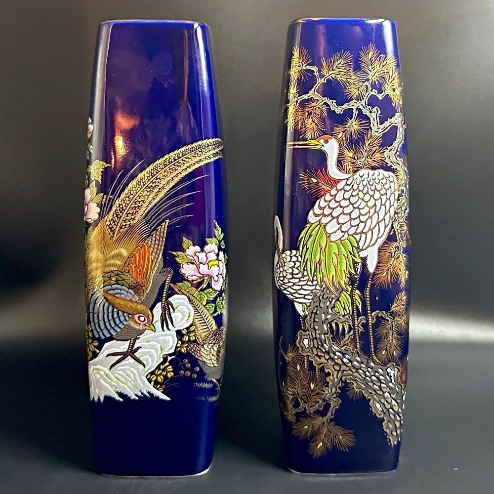 VTG Interpur Japan Cobalt Blue Square Vases Pair 9.25" Crane Pheasant Porcelain